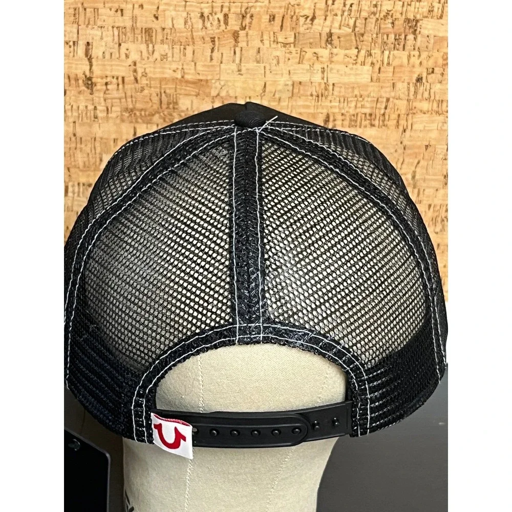 True Religion Mens Black Gold Buddha Logo Mesh Trucker Hat Snapback TR4108 NWT